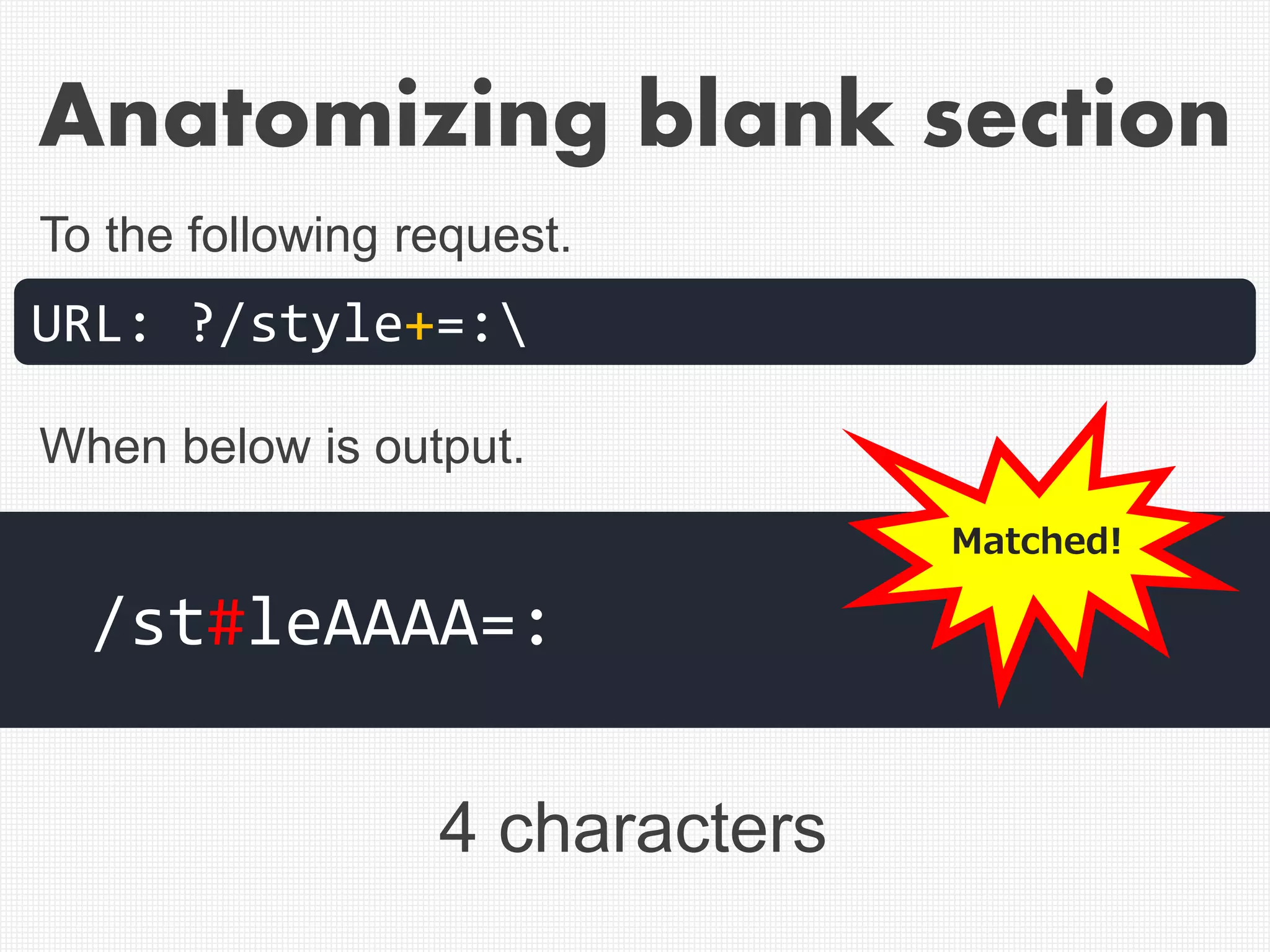 Anatomizing blank section
4 characters
URL: ?/style+=:
/st#leAAAA=:
To the following request.
When below is output.
Matched!
 