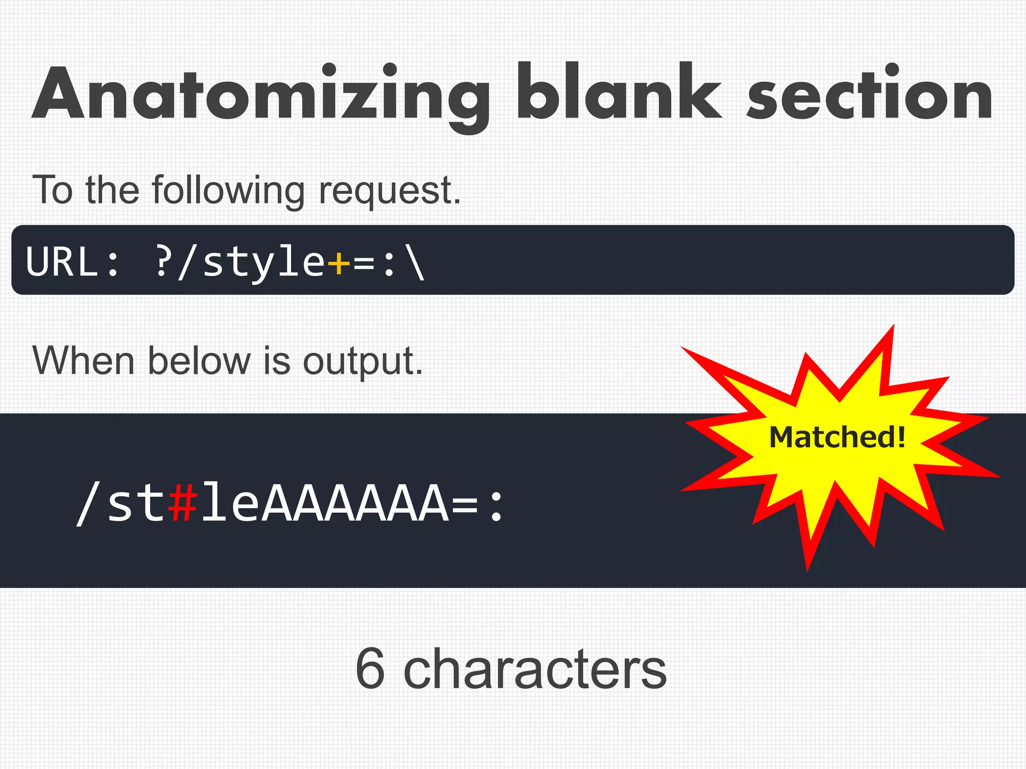 Anatomizing blank section
6 characters
URL: ?/style+=:
/st#leAAAAAA=:
To the following request.
When below is output.
Matched!
 
