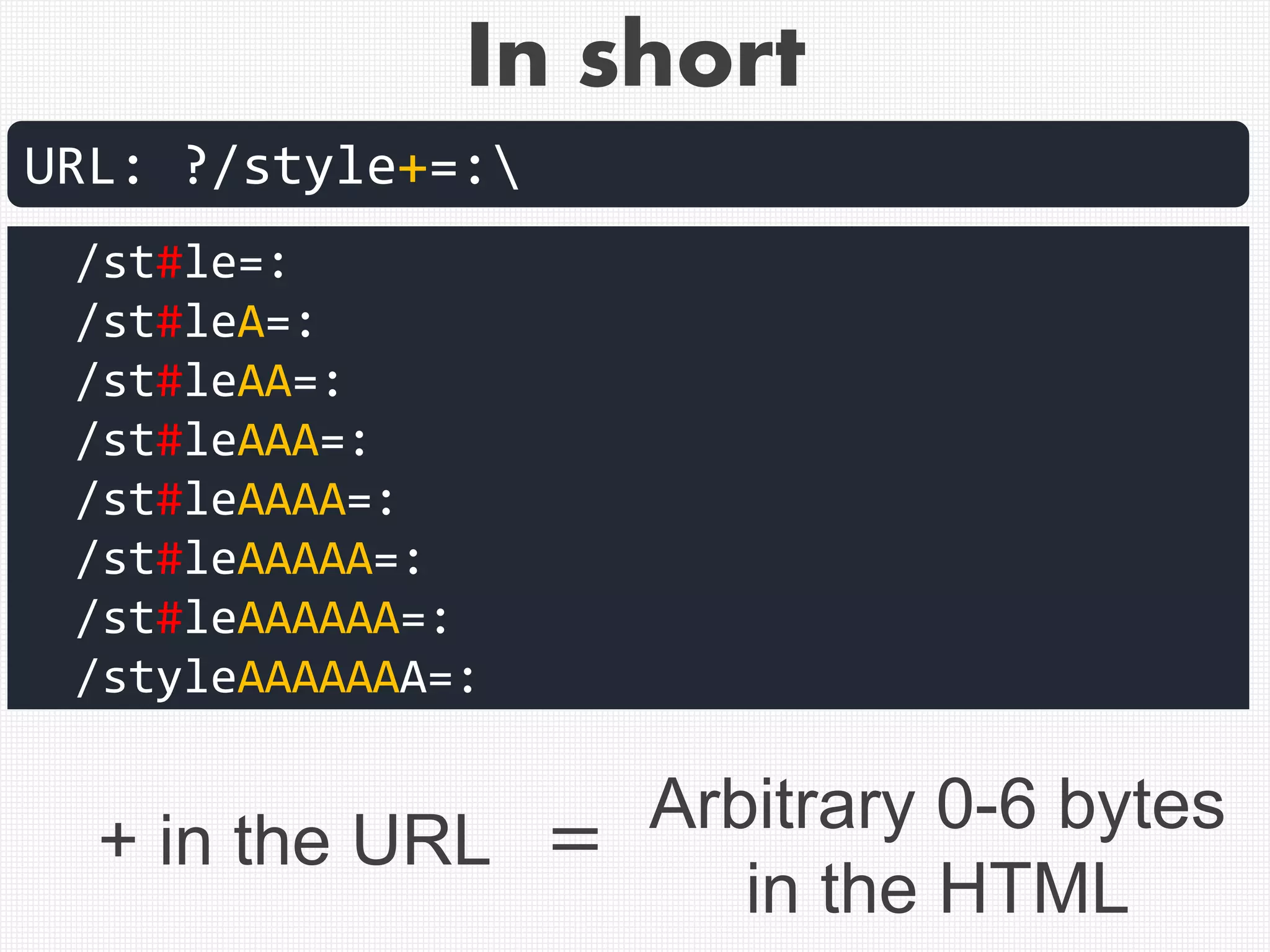 In short
URL: ?/style+=:
/st#le=:
/st#leA=:
/st#leAA=:
/st#leAAA=:
/st#leAAAA=:
/st#leAAAAA=:
/st#leAAAAAA=:
/styleAAAAAAA=:
=+ in the URL
Arbitrary 0-6 bytes
in the HTML
 
