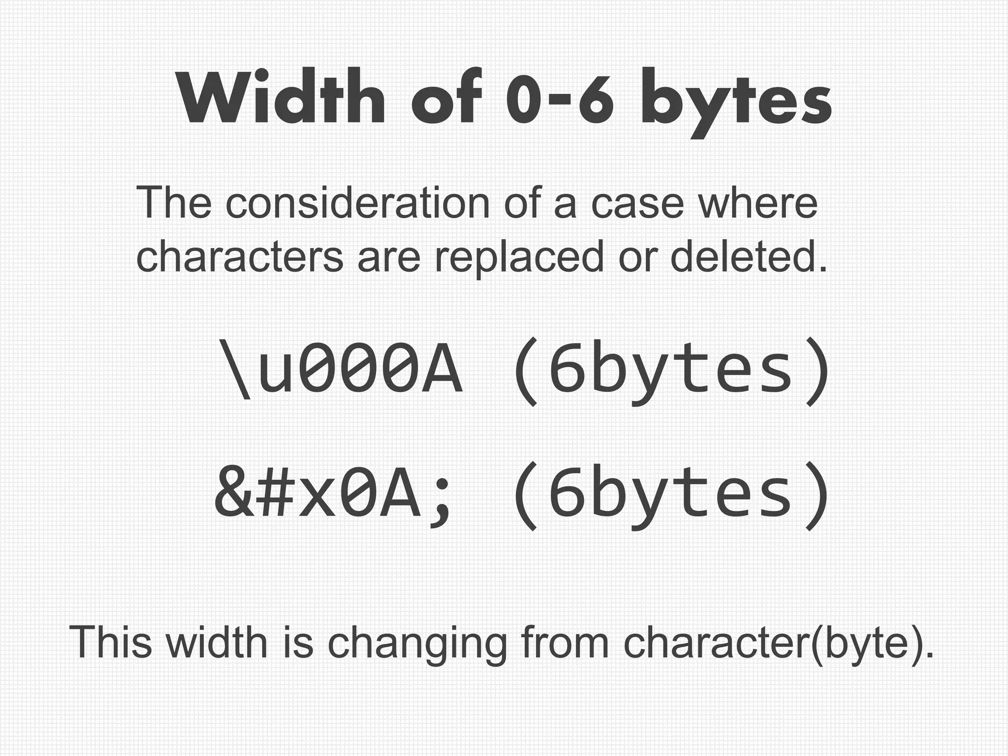 Width of 0-6 bytes
u000A (6bytes)
&#x0A; (6bytes)
The consideration of a case where
characters are replaced or deleted.
This width is changing from character(byte).
 