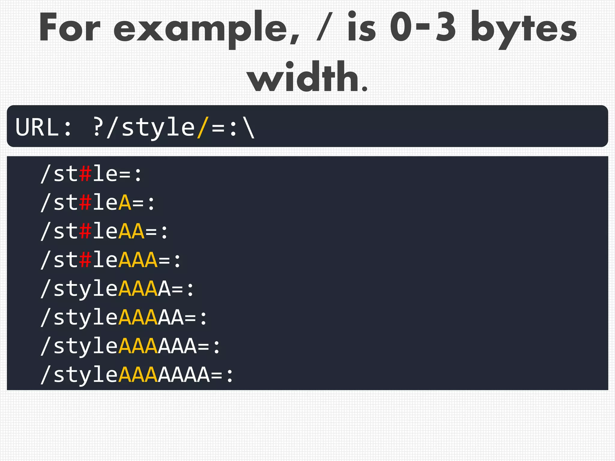 For example, / is 0-3 bytes
width.
URL: ?/style/=:
/st#le=:
/st#leA=:
/st#leAA=:
/st#leAAA=:
/styleAAAA=:
/styleAAAAA=:
/styleAAAAAA=:
/styleAAAAAAA=:
 