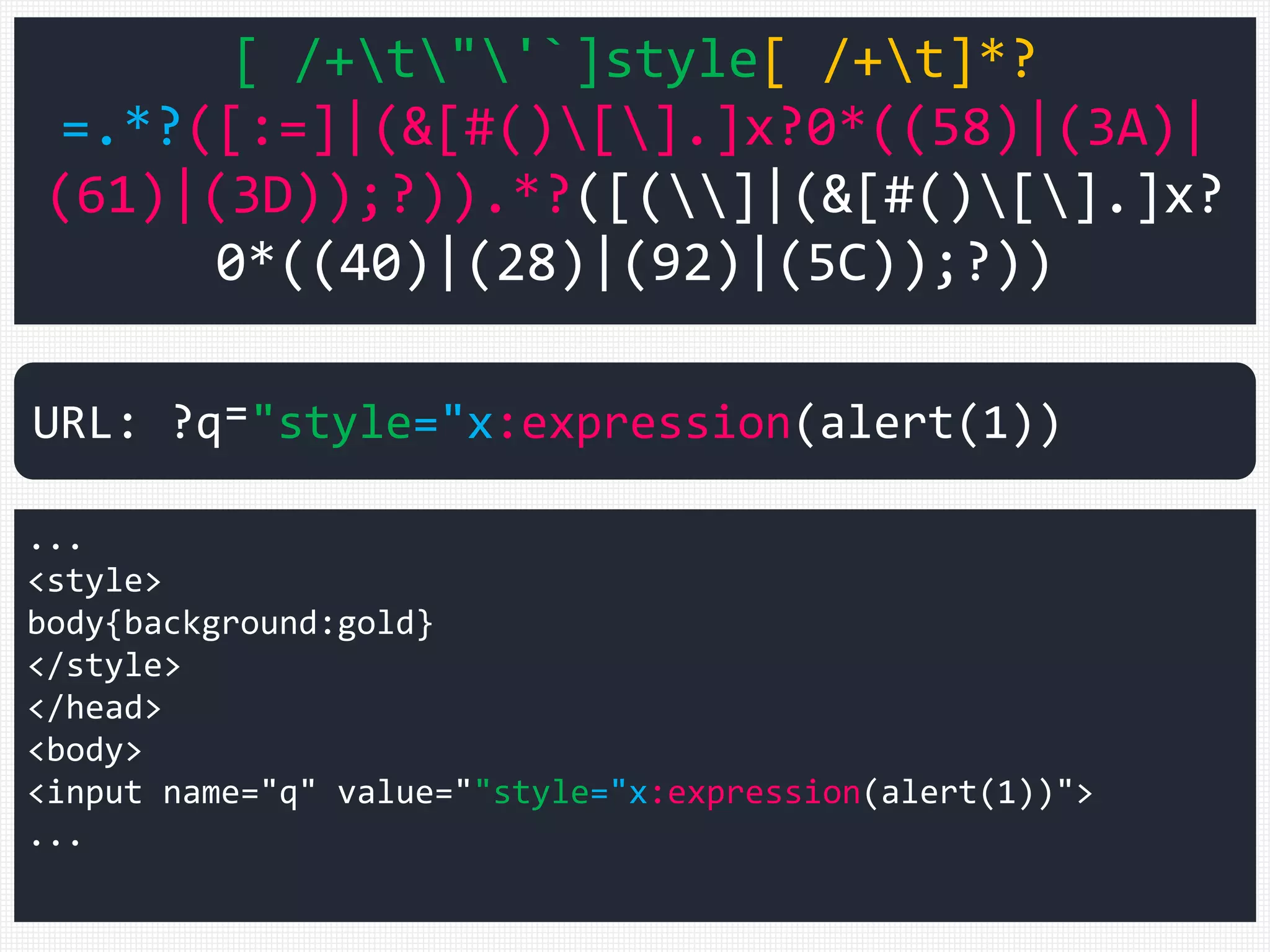 [ /+t"'`]style[ /+t]*?
=.*?([:=]|(&[#()[].]x?0*((58)|(3A)|
(61)|(3D));?)).*?([(]|(&[#()[].]x?
0*((40)|(28)|(92)|(5C));?))
...
<style>
body{background:gold}
</style>
</head>
<body>
<input name="q" value=""style="x:expression(alert(1))">
...
URL: ?q⁼"style="x:expression(alert(1))
 