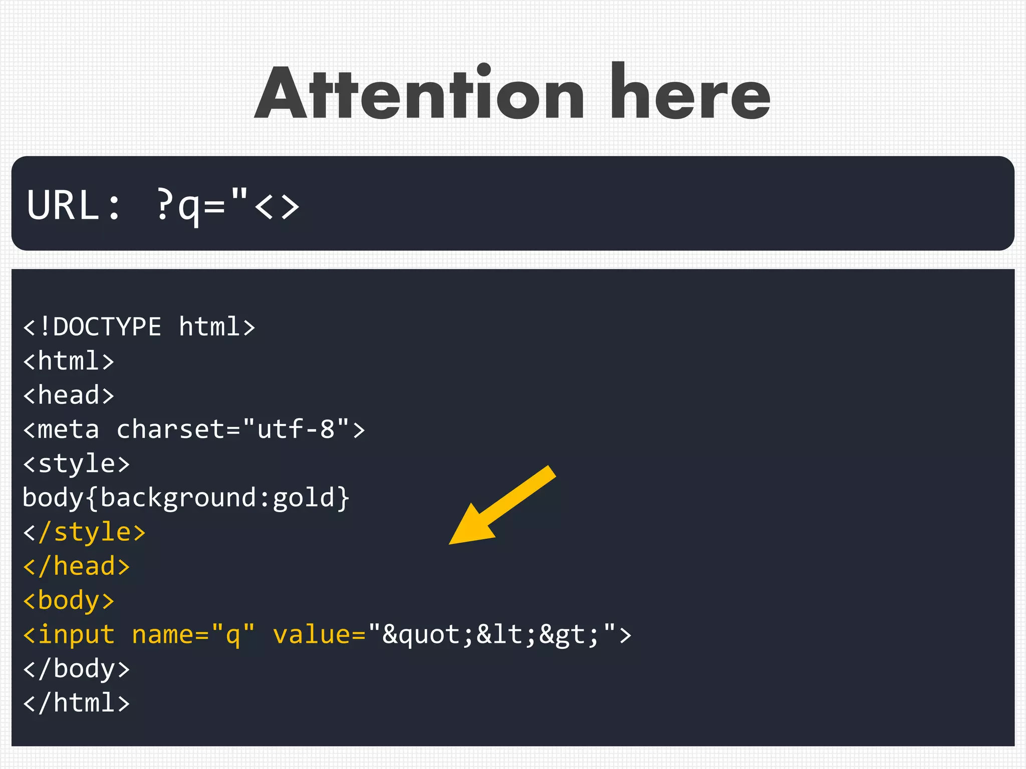 <!DOCTYPE html>
<html>
<head>
<meta charset="utf-8">
<style>
body{background:gold}
</style>
</head>
<body>
<input name="q" value="&quot;&lt;&gt;">
</body>
</html>
URL: ?q="<>
Attention here
 