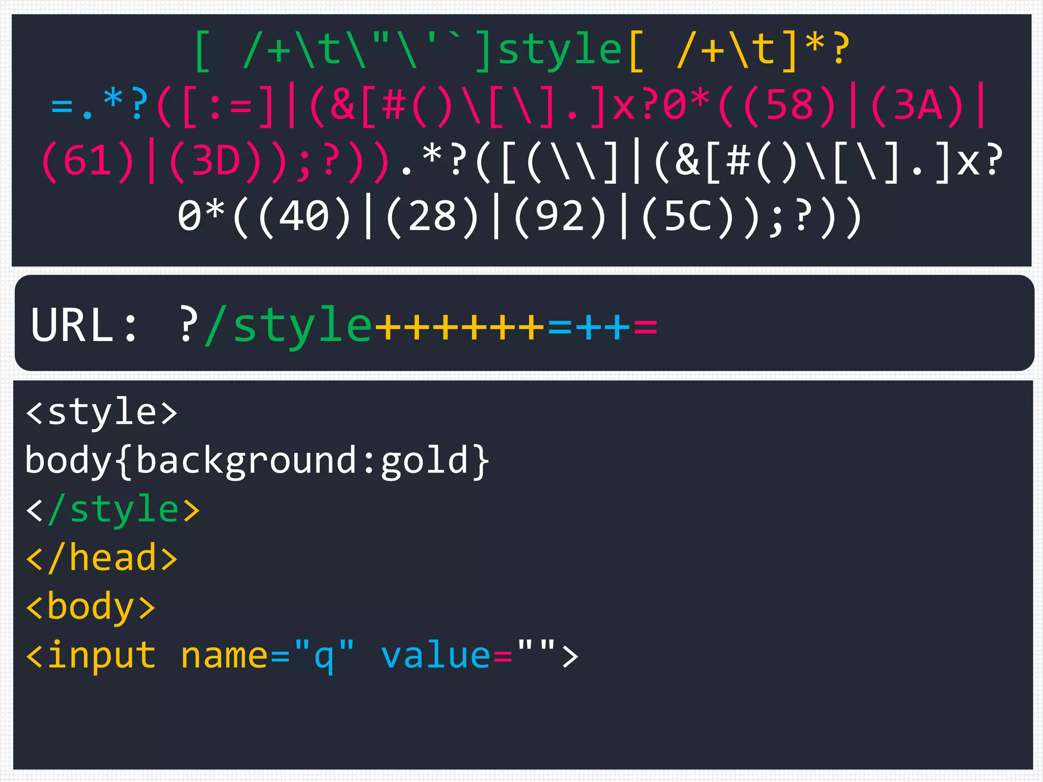 [ /+t"'`]style[ /+t]*?
=.*?([:=]|(&[#()[].]x?0*((58)|(3A)|
(61)|(3D));?)).*?([(]|(&[#()[].]x?
0*((40)|(28)|(92)|(5C));?))
<style>
body{background:gold}
</style>
</head>
<body>
<input name="q" value="">
URL: ?/style++++++=++=
 