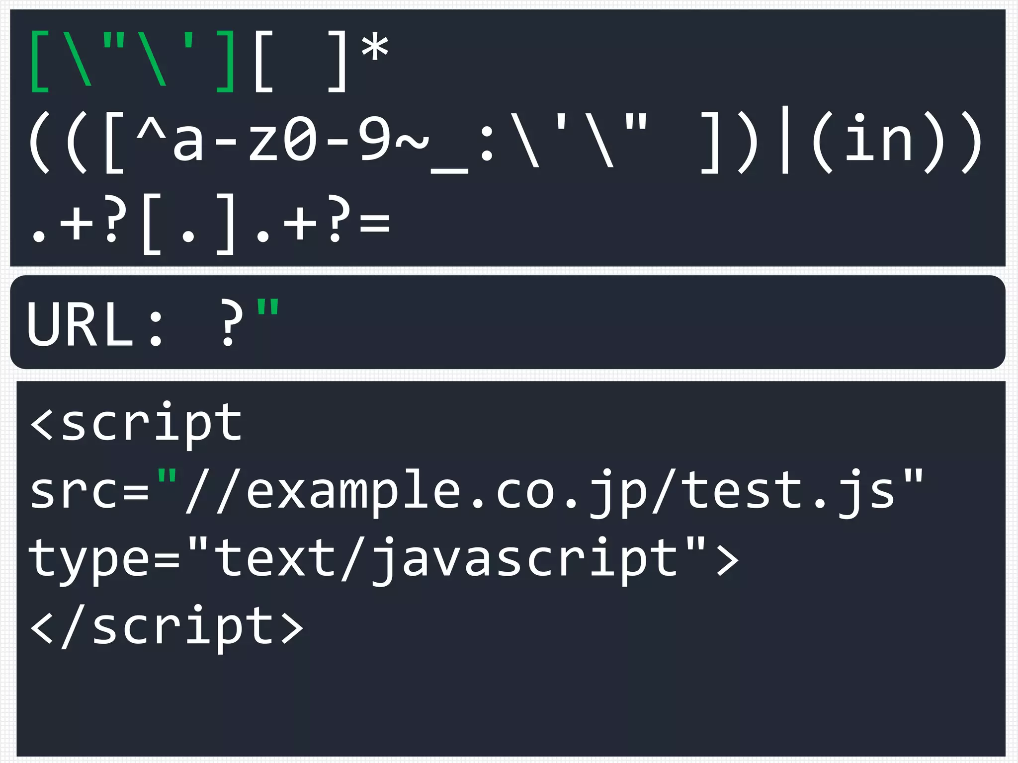 Cheat the filter again
<script type="text/javascript">a=1</script>
<script>
var q="[USER_INPUT]";
</script>
We assume that the designated string from the user is
stocked.(※ For simplicity, we consider It's already
outputting the string except URL parameter.)
 