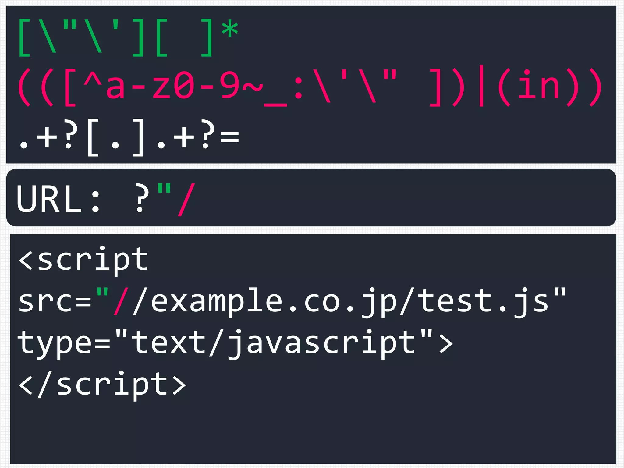 Cheat the filter again
<script type="text/javascript">a=1</script>
<script>
var q=":<img src=x onerror=alert(1)>";
</script>
We assume that the attacker
chose this string.
 