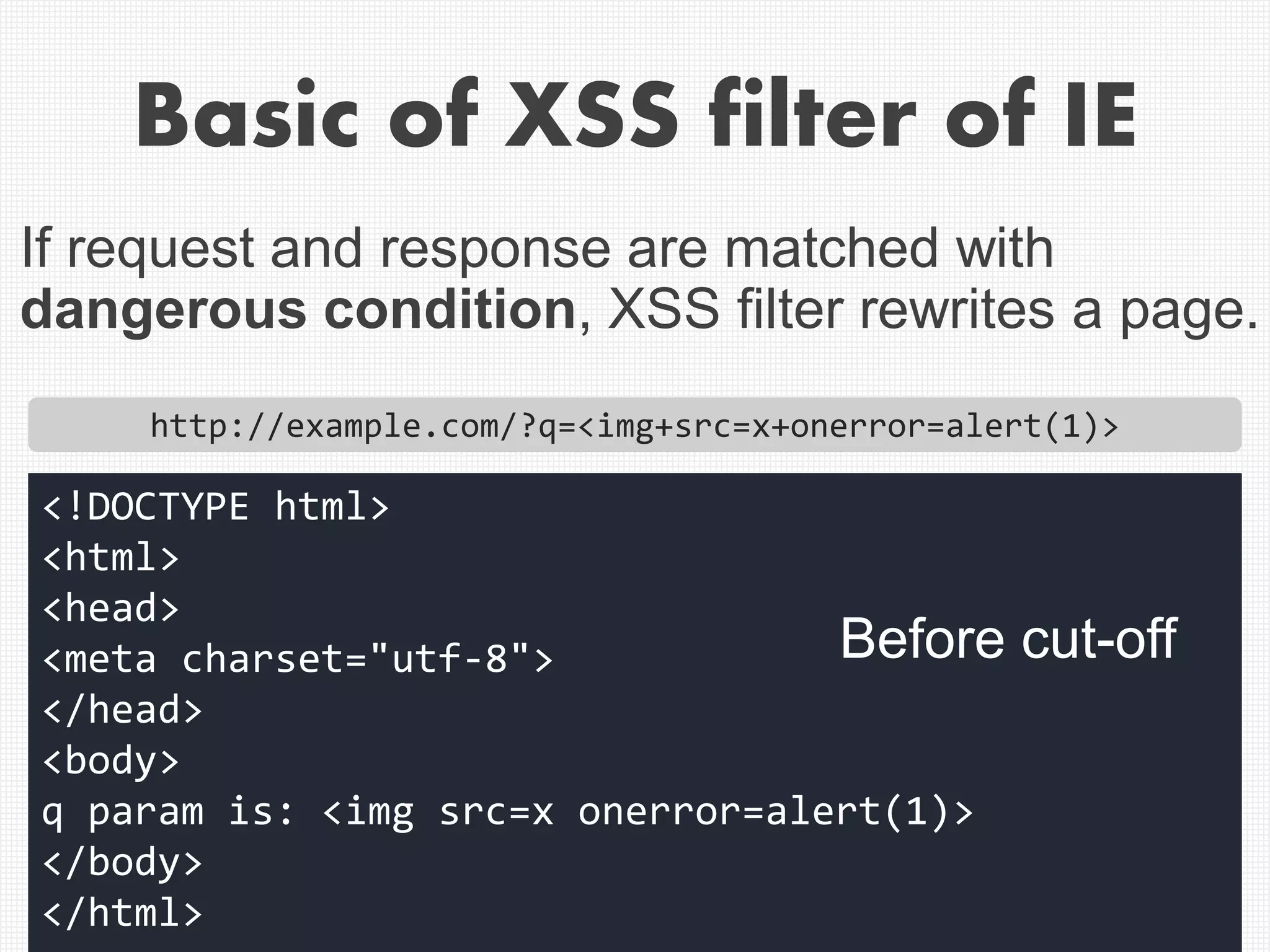 Basic of XSS filter of IE
http://example.com/?q=<img+src=x+onerror=alert(1)>
<!DOCTYPE html>
<html>
<head>
<meta charset="utf-8">
</head>
<body>
q param is: <img src=x onerror=alert(1)>
</body>
</html>
Before cut-off
If request and response are matched with
dangerous condition, XSS filter rewrites a page.
 