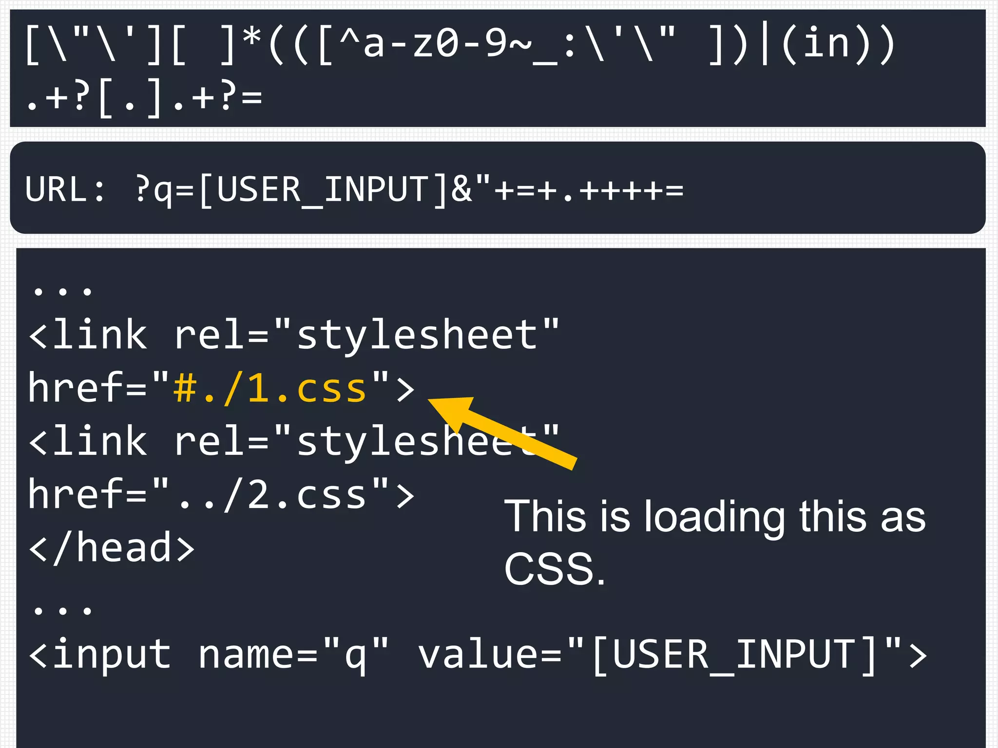 <body>
<script>
var q="";abc.def=";
</script>
</body>
URL: ?q=";abc.def=
The character which passes
through literal and
assignment of property access
Example of correct filter
(string literal)
 