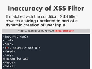 Inaccuracy of XSS Filter
If matched with the condition, XSS filter
rewrites a string unrelated to part of a
dynamic creation of user input.
http://example.com/?q=AAA&<meta+charset=
<!DOCTYPE html>
<html>
<head>
<m#ta charset="utf-8">
</head>
<body>
q param is: AAA
</body>
</html>
 