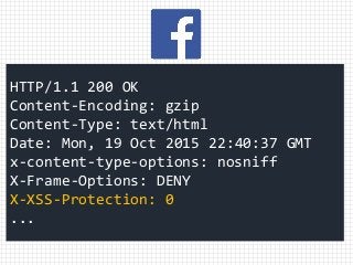 HTTP/1.1 200 OK
Content-Encoding: gzip
Content-Type: text/html
Date: Mon, 19 Oct 2015 22:40:37 GMT
x-content-type-options: nosniff
X-Frame-Options: DENY
X-XSS-Protection: 0
...
 