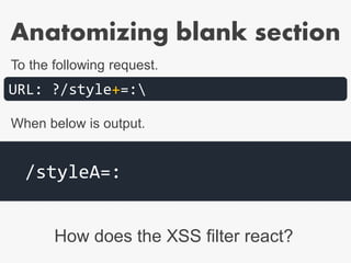 URL: ?/style+=:
/styleA=:
To the following request.
When below is output.
How does the XSS filter react?
Anatomizing blank section
 