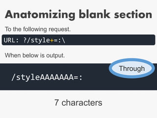 Anatomizing blank section
7 characters
URL: ?/style+=:
/styleAAAAAAA=:
To the following request.
When below is output.
Through
 