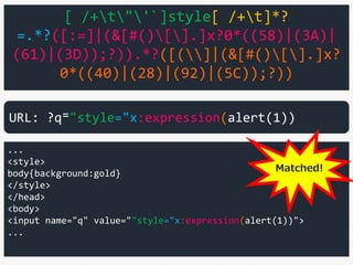 [ /+t"'`]style[ /+t]*?
=.*?([:=]|(&[#()[].]x?0*((58)|(3A)|
(61)|(3D));?)).*?([(]|(&[#()[].]x?
0*((40)|(28)|(92)|(5C));?))
...
<style>
body{background:gold}
</style>
</head>
<body>
<input name="q" value=""style="x:expression(alert(1))">
...
URL: ?q⁼"style="x:expression(alert(1))
Matched!
 
