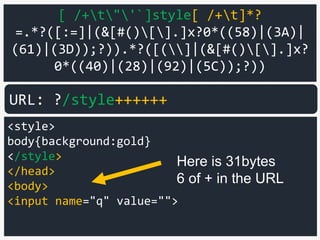 [ /+t"'`]style[ /+t]*?
=.*?([:=]|(&[#()[].]x?0*((58)|(3A)|
(61)|(3D));?)).*?([(]|(&[#()[].]x?
0*((40)|(28)|(92)|(5C));?))
<style>
body{background:gold}
</style>
</head>
<body>
<input name="q" value="">
URL: ?/style++++++
Here is 31bytes
6 of + in the URL
 