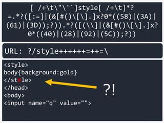 [ /+t"'`]style[ /+t]*?
=.*?([:=]|(&[#()[].]x?0*((58)|(3A)|
(61)|(3D));?)).*?([(]|(&[#()[].]x?
0*((40)|(28)|(92)|(5C));?))
<style>
body{background:gold}
</st#le>
</head>
<body>
<input name="q" value="">
URL: ?/style++++++=++=
?!
 