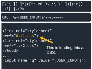 <body>
<script>
var q="";abc.def=";
</script>
</body>
URL: ?q=";abc.def=
The character which passes
through literal and
assignment of property access
Example of correct filter
(string literal)
 