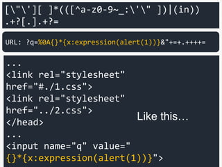 <body>
<script>
var q="";abc#def=";
</script>
</body>
URL: ?q=";abc.def=
Example of correct filter
(string literal)
The filter replaces "." for cut-off.
 