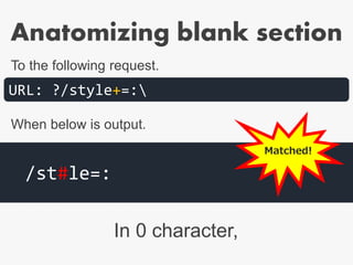 Anatomizing blank section
In 0 character,
URL: ?/style+=:
/st#le=:
To the following request.
When below is output.
Matched!
 