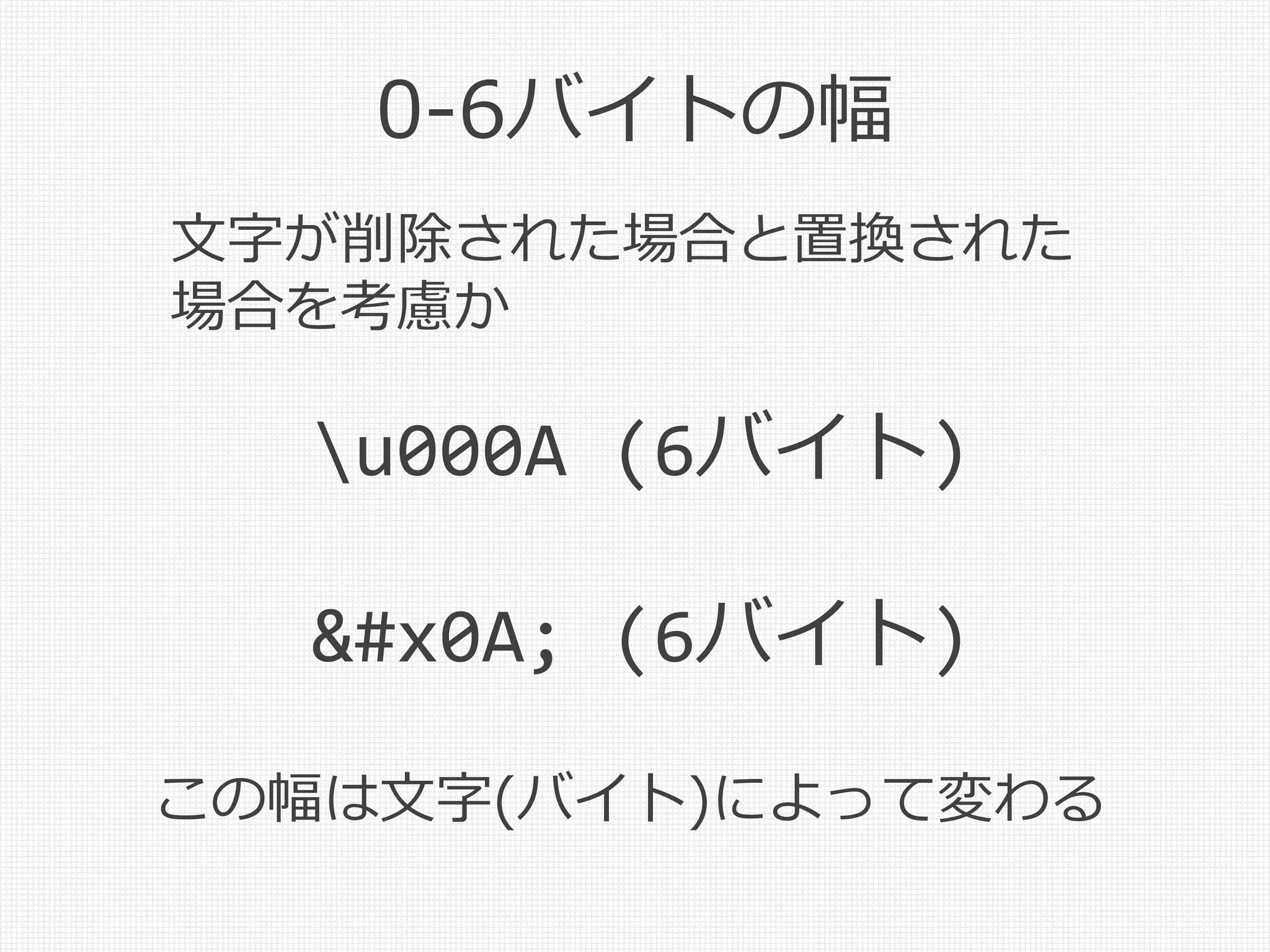 0-6バイトの幅
u000A (6バイト)

 (6バイト)
文字が削除された場合と置換された
場合を考慮か
この幅は文字(バイト)によって変わる
 