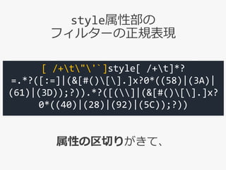 [ /+t"'`]style[ /+t]*?
=.*?([:=]|(&[#()[].]x?0*((58)|(3A)|
(61)|(3D));?)).*?([(]|(&[#()[].]x?
0*((40)|(28)|(92)|(5C));?))
...