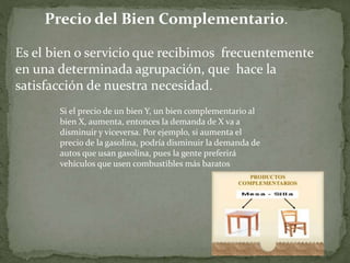 Precio del Bien Complementario.
Es el bien o servicio que recibimos frecuentemente
en una determinada agrupación, que hace la
satisfacción de nuestra necesidad.
Si el precio de un bien Y, un bien complementario al
bien X, aumenta, entonces la demanda de X va a
disminuir y viceversa. Por ejemplo, si aumenta el
precio de la gasolina, podría disminuir la demanda de
autos que usan gasolina, pues la gente preferirá
vehículos que usen combustibles más baratos
 
