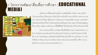 1.โครงงานพัฒนาสื่อเพื่อการศึกษา (EDUCATIONAL
MEDIA)
เป็นโครงงานที่ใช้คอมพิวเตอร์ในการผลิตสื่อเพื่อการศึกษา โดยการสร้าง
โปรแกรมบทเรียน หรือหน่วยการเรียน ซึ่งอาจจะต้องมีภาคแบบฝึกหัด บททบทวน และ
คาถามคาตอบไว้พร้อม ผู้เรียนสามารถเรียนแบบรายบุคคลหรือรายกลุ่ม การสอนโดย
ใช้คอมพิวเตอร์ช่วยนี้ถือว่าเครื่องคอมพิวเตอร์เป็นอุปกรณ์การสอน ไม่ใช่เป็นครูผู้สอน
ซึ่งอาจเป็นการพัฒนาบทเรียนแบบ Online ให้นักเรียนเข้ามาศึกษาด้วยตนเองก็ได้
โครงงานประเภทนี้สามารถพัฒนาขึ้นเพื่อใช้ประกอบการสอนในวิชาต่าง ๆ
ไม่ว่าจะเป็นสาขาคอมพิวเตอร์ วิชาคณิตศาสตร์ วิชาวิทยาศาสตร์ วิชาสังคม วิชาชีพ
อื่น ๆ ฯลฯ โดยนักเรียนอาจคัดเลือกหัวข้อที่นักเรียนทั่วไปที่ทาความเข้าใจยาก มาเป็น
หัวข้อในการพัฒนาโปรแกรมบทเรียน ตัวอย่างเช่น โปรแกรมสอนวิธีการใช้งาน ระบบ
สุริยะจักรวาล โปรแกรมแบบทดสอบวิชาต่าง ๆ
 