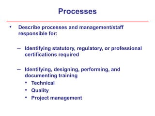 Processes
• Describe processes and management/staff
responsible for:
– Identifying statutory, regulatory, or professional
certifications required
– Identifying, designing, performing, and
documenting training
• Technical
• Quality
• Project management
 