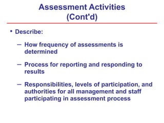 Assessment Activities
(Cont'd)
• Describe:
– How frequency of assessments is
determined
– Process for reporting and responding to
results
– Responsibilities, levels of participation, and
authorities for all management and staff
participating in assessment process
 