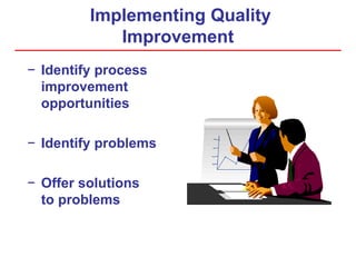 Implementing Quality
Improvement
− Identify process
improvement
opportunities
− Identify problems
− Offer solutions
to problems
 
