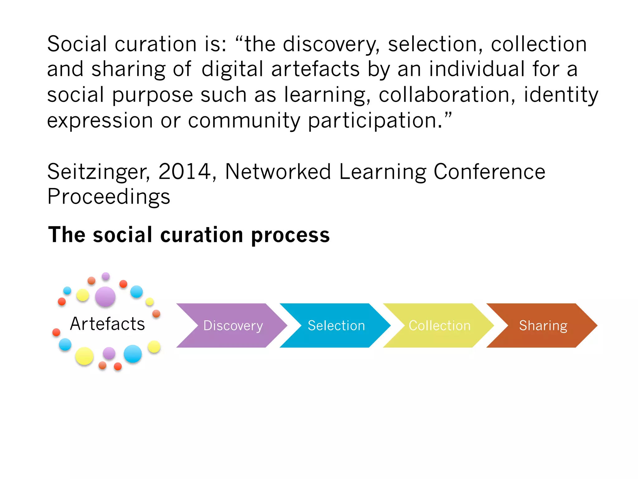 Artefacts Discovery Selection Collection Sharing
The social curation process
Social curation is: “the discovery, selection, collection
and sharing of digital artefacts by an individual for a
social purpose such as learning, collaboration, identity
expression or community participation.”
Seitzinger, 2014, Networked Learning Conference
Proceedings
 