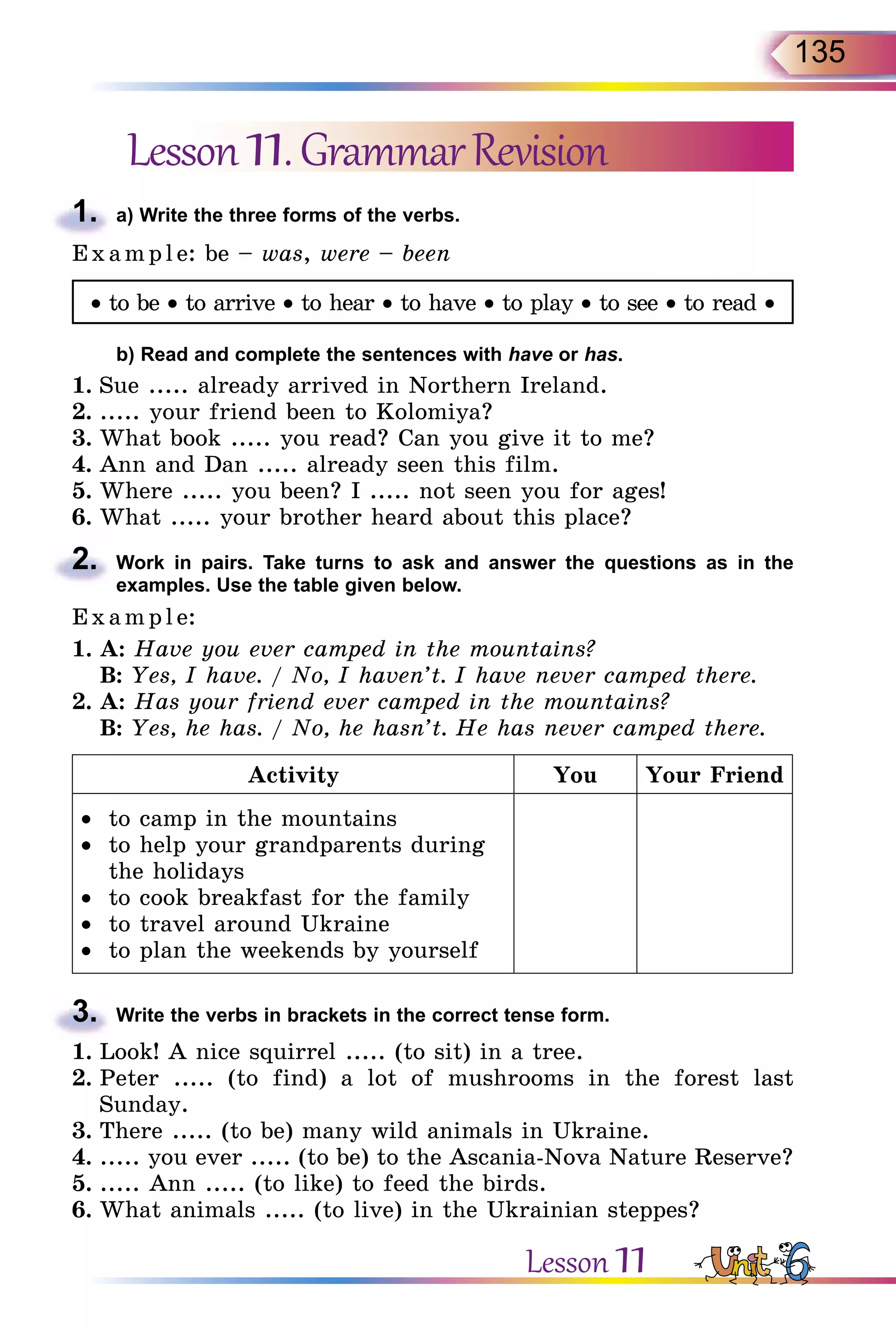135
Lesson11.GrammarRevision
1.	 a) Write the three forms of the verbs.
E x ampl e: be – was, were – been
• to be • to arrive • to hear • to have • to play • to see • to read •
	 b) Read and complete the sentences with have or has.
1.	Sue ..... already arrived in Northern Ireland.
2.	..... your friend been to Kolomiya?
3.	What book ..... you read? Can you give it to me?
4.	Ann and Dan ..... already seen this film.
5.	Where ..... you been? I ..... not seen you for ages!
6.	What ..... your brother heard about this place?
2.	 Work in pairs. Take turns to ask and answer the questions as in the
examples. Use the table given below.
Exa mpl e:
1.	A: Have you ever camped in the mountains?
	 B: Yes, I have. / No, I haven’t. I have never camped there.
2.	A: Has your friend ever camped in the mountains?
	 B: Yes, he has. / No, he hasn’t. He has never camped there.
Activity You Your Friend
•	 to camp in the mountains
•	 to help your grandparents during
the holidays
•	 to cook breakfast for the family
•	 to travel around Ukraine
•	 to plan the weekends by yourself
3.	 Write the verbs in brackets in the correct tense form.
1.	Look! A nice squirrel ..... (to sit) in a tree.
2.	Peter ..... (to find) a lot of mushrooms in the forest last
Sunday.
3.	There ..... (to be) many wild animals in Ukraine.
4.	..... you ever ..... (to be) to the Ascania-Nova Nature Reserve?
5.	..... Ann ..... (to like) to feed the birds.
6.	What animals ..... (to live) in the Ukrainian steppes?
Lesson 11
 