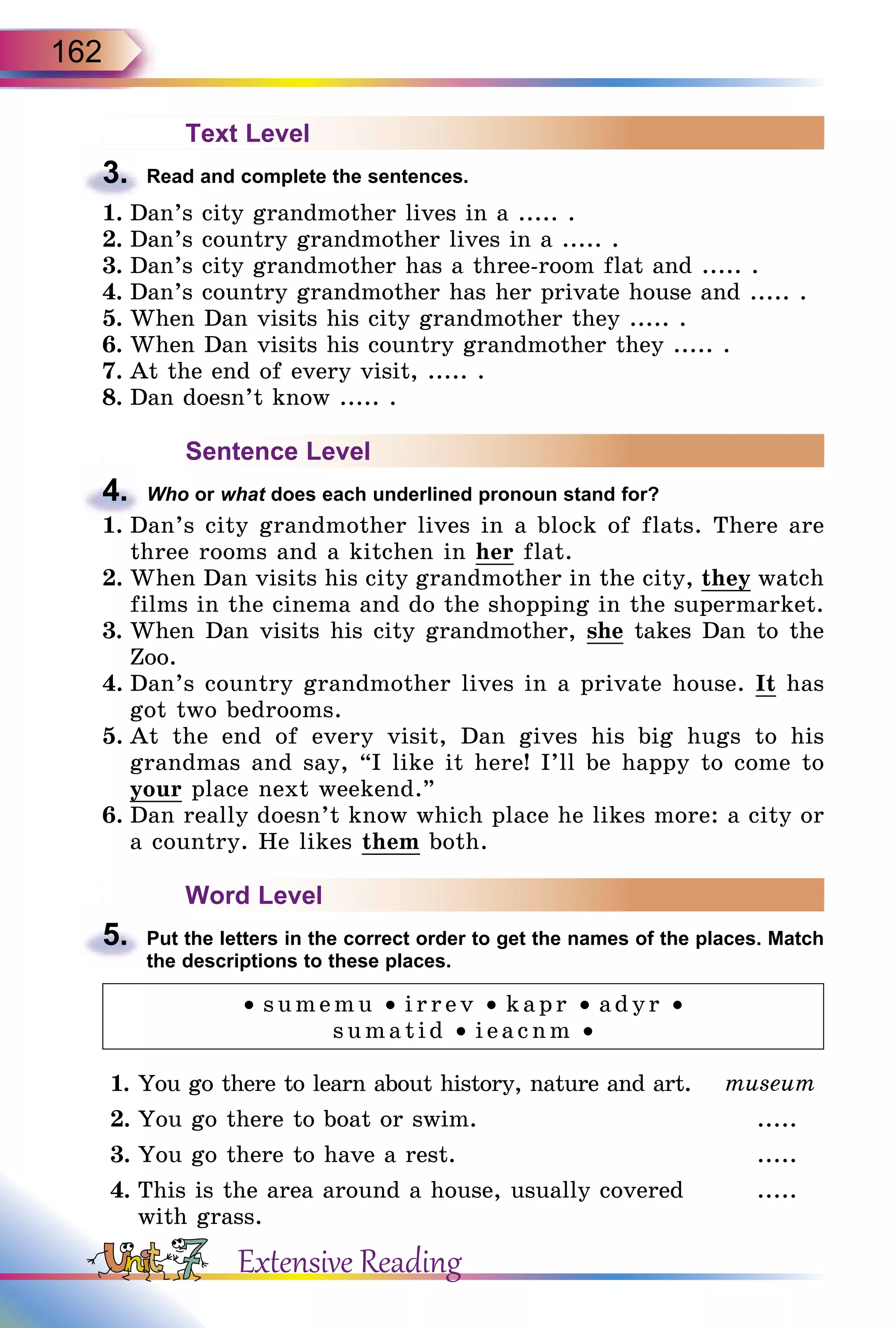 162
Text Level
3.	 Read and complete the sentences.
1.	Dan’s city grandmother lives in a ..... .
2.	Dan’s country grandmother lives in a ..... .
3.	Dan’s city grandmother has a three-room flat and ..... .
4.	Dan’s country grandmother has her private house and ..... .
5.	When Dan visits his city grandmother they ..... .
6.	When Dan visits his country grandmother they ..... .
7.	At the end of every visit, ..... .
8.	Dan doesn’t know ..... .
Sentence Level
4.	 Who or what does each underlined pronoun stand for?
1.	Dan’s city grandmother lives in a block of flats. There are
three rooms and a kitchen in her flat.
2.	When Dan visits his city grandmother in the city, they watch
films in the cinema and do the shopping in the supermarket.
3.	When Dan visits his city grandmother, she takes Dan to the
Zoo.
4.	Dan’s country grandmother lives in a private house. It has
got two bedrooms.
5.	At the end of every visit, Dan gives his big hugs to his
grandmas and say, “I like it here! I’ll be happy to come to
your place next weekend.”
6.	Dan really doesn’t know which place he likes more: a city or
a country. He likes them both.
Word Level
5.	 Put the letters in the correct order to get the names of the places. Match
the descriptions to these places.
• sumemu • irrev • kapr • adyr •
sumatid • ieacnm •
1.	You go there to learn about history, nature and art. museum
2.	You go there to boat or swim. .....
3.	You go there to have a rest. .....
4.	This is the area around a house, usually covered
with grass.
.....
Extensive Reading
 