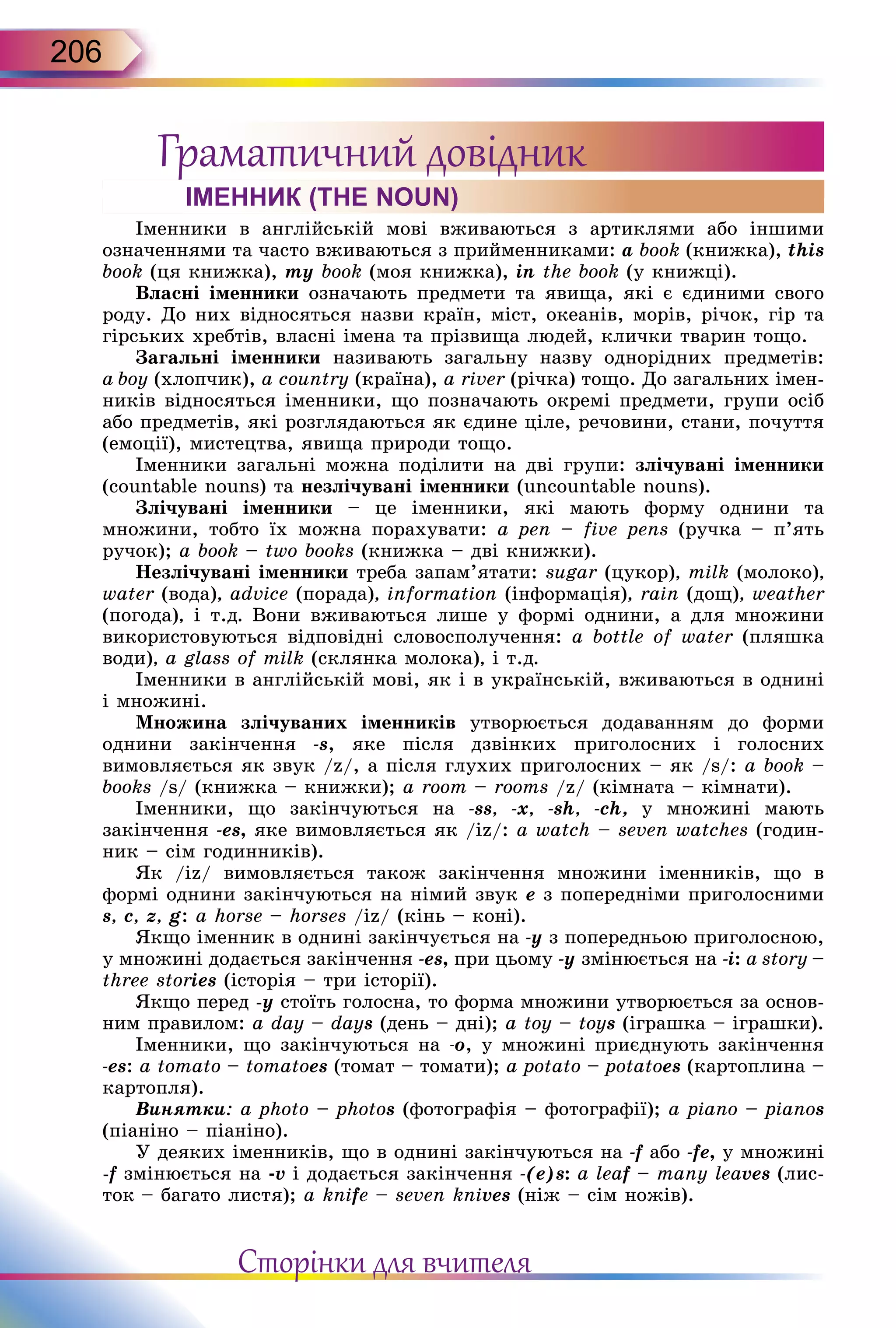 206
Граматичний довідник
ІМЕННИК (THE NOUN)
Іменники в англійській мові вживаються з артиклями або іншими
означеннями та часто вживаються з прийменниками: a book (книжка), this
book (ця книжка), my book (моя книжка), in the book (у книжці).
Власні іменники означають предмети та явища, які є єдиними свого
роду. До них відносяться назви країн, міст, океанів, морів, річок, гір та
гірських хребтів, власні імена та прізвища людей, клички тварин тощо.
Загальні іменники називають загальну назву однорідних предметів:
a boy (хлопчик), a country (країна), a river (річка) тощо. До загальних імен-
ників відносяться іменники, що позначають окремі предмети, групи осіб
або предметів, які розглядаються як єдине ціле, речовини, стани, почуття
(емоції), мистецтва, явища природи тощо.
Іменники загальні можна поділити на дві групи: злічувані іменники
(countable nouns) та незлічувані іменники (uncountable nouns).
Злічувані іменники – це іменники, які мають форму однини та
множини, тобто їх можна порахувати: a pen – five pens (ручка – п’ять
ручок); a book – two books (книжка – дві книжки).
Незлічувані іменники треба запам’ятати: sugar (цукор), milk (молоко),
water (вода), advice (порада), information (інформація), rain (дощ), weather
(погода), і т.д. Вони вживаються лише у формі однини, а для множини
використовуються відповідні словосполучення: a bottle of water (пляшка
води), a glass of milk (склянка молока), і т.д.
Іменники в англійській мові, як і в українській, вжи­ваються в однині
і множині.
Множина злічуваних іменників утворюється додаванням до форми
однини закінчення -s, яке після дзвінких приголосних і голосних
вимовляється як звук /z/, а після глухих при­голосних – як /s/: a book –
books /s/ (книжка – книжки); a room – rooms /z/ (кімната – кімнати).
Іменники, що закінчуються на -ss, -x, -sh, -ch, у мно­жині мають
закінчення -es, яке вимовляється як /iz/: a watch – seven watches (годин-
ник – сім годинників).
Як /iz/ вимовляється також закінчення множини іменників, що в
формі однини закінчуються на німий звук е з попередніми приголосними
s, c, z, g: a horse – horses /iz/ (кінь – коні).
Якщо іменник в однині закінчується на -у з поперед­ньою приголосною,
у множині додається закінчення -es, при цьому -у змінюється на -i: a story –
three stories (історія – три історії).
Якщо перед -у стоїть голосна, то форма множини утворюється за основ­
ним правилом: a day – days (день – дні); a toy – toys (іграшка – іграшки).
Іменники, що закінчуються на -о, у множині приєднують закінчення
-es: a tomato – tomatoes (томат – томати); a potato – potatoes (картоплина –
картопля).
Винятки: a photo – photos (фотографія – фотографії); a piano – pianos
(піаніно – піаніно).
У деяких іменників, що в однині закінчуються на -f або -fe, у множині
-f змінюється на -v і додається закінчення -(e)s: a leaf – many leaves (лис-
ток – багато листя); a knife – seven knives (ніж – сім ножів).
Сторінки для вчителя
 