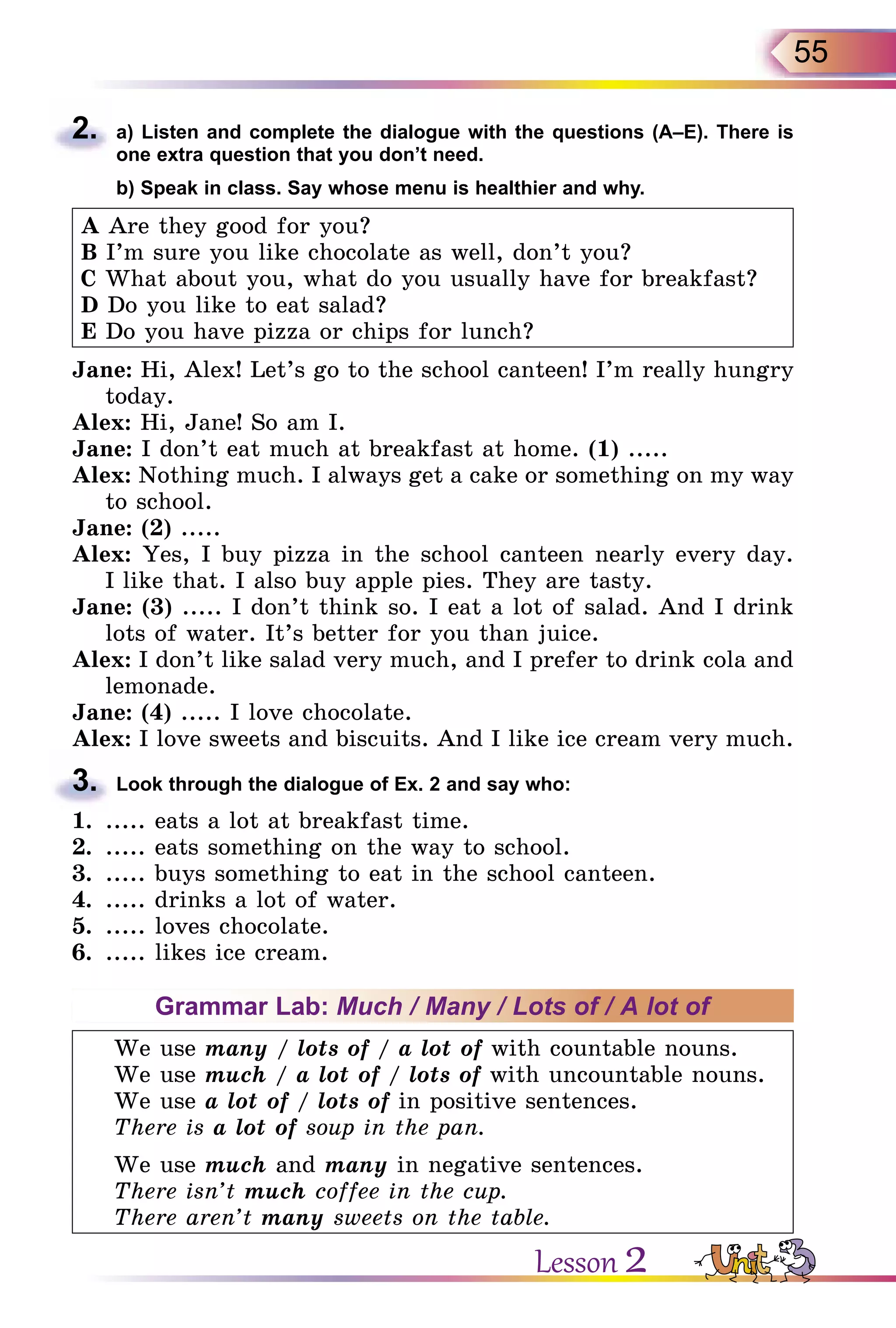 55
2.	 a) Listen and complete the dialogue with the questions (A–E). There is
one extra question that you don’t need.
	 b) Speak in class. Say whose menu is healthier and why.
A Are they good for you?
B I’m sure you like chocolate as well, don’t you?
C What about you, what do you usually have for breakfast?
D Do you like to eat salad?
E Do you have pizza or chips for lunch?
Jane: Hi, Alex! Let’s go to the school canteen! I’m really hungry
today.
Alex: Hi, Jane! So am I.
Jane: I don’t eat much at breakfast at home. (1) .....
Alex: Nothing much. I always get a cake or something on my way
to school.
Jane: (2) .....
Alex: Yes, I buy pizza in the school canteen nearly every day.
I like that. I also buy apple pies. They are tasty.
Jane: (3) ..... I don’t think so. I eat a lot of salad. And I drink
lots of water. It’s better for you than juice.
Alex: I don’t like salad very much, and I prefer to drink cola and
lemonade.
Jane: (4) ..... I love chocolate.
Alex: I love sweets and biscuits. And I like ice cream very much.
3.	 Look through the dialogue of Ex. 2 and say who:
1.	 ..... eats a lot at breakfast time.
2.	 ..... eats something on the way to school.
3.	 ..... buys something to eat in the school canteen.
4.	 ..... drinks a lot of water.
5.	 ..... loves chocolate.
6.	 ..... likes ice cream.
Grammar Lab: Much / Many / Lots of / A lot of
We use many / lots of / a lot of with countable nouns.
We use much / a lot of / lots of with uncountable nouns.
We use a lot of / lots of in positive sentences.
There is a lot of soup in the pan.
We use much and many in negative sentences.
There isn’t much coffee in the cup.
There aren’t many sweets on the table.
Lesson 2
 