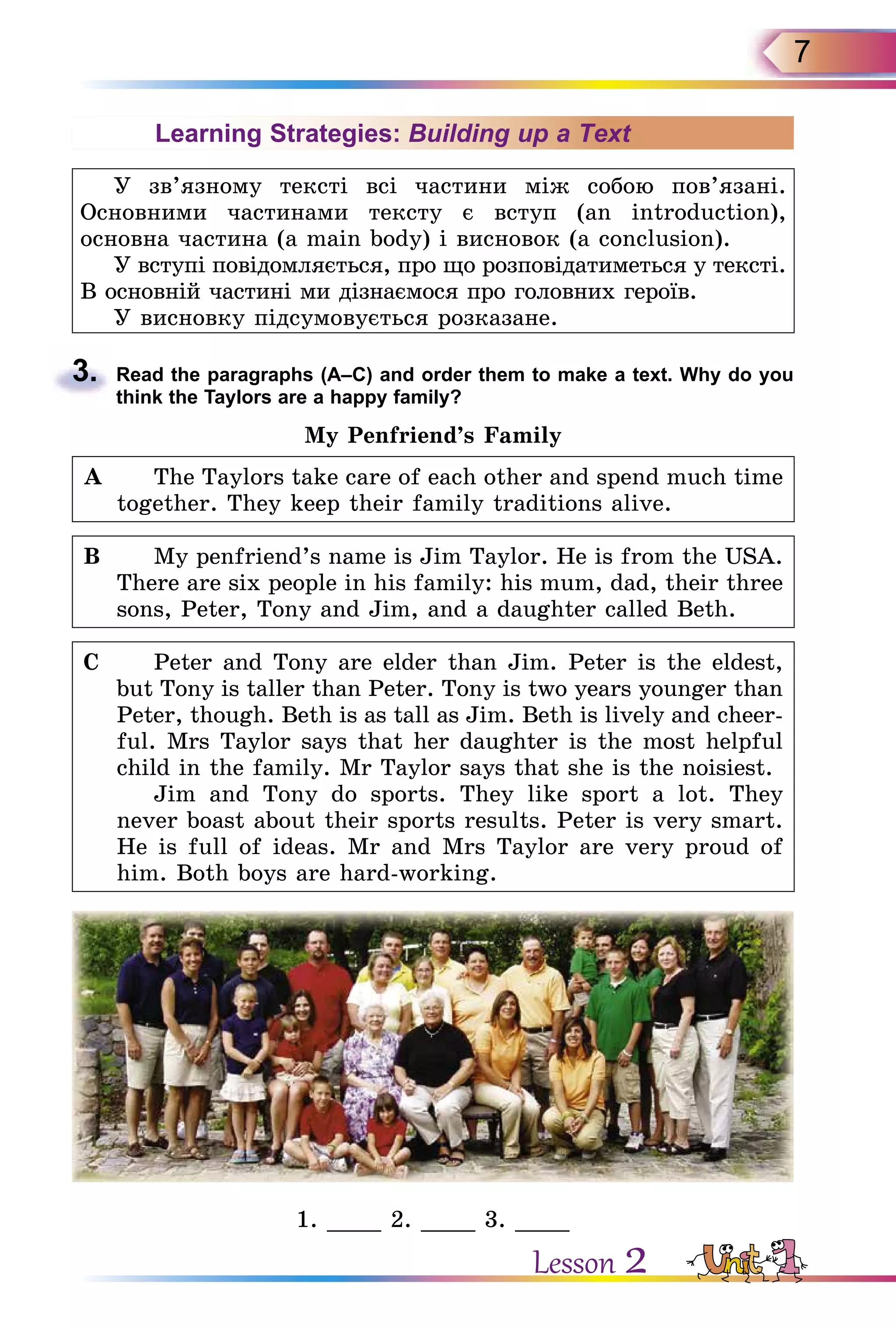 7
Learning Strategies: Building up a Text
У зв’язному тексті всі частини між собою пов’язані.
Основними частинами тексту є вступ (an introduction),
основна частина (a main body) і висновок (a conclusion).
У вступі повідомляється, про що розповідатиметься у тексті.
В основній частині ми дізнаємося про головних героїв.
У висновку підсумовується розказане.
3.	 Read the paragraphs (A–C) and order them to make a text. Why do you
think the Taylors are a happy family?
My Penfriend’s Family
A		 The Taylors take care of each other and spend much time
together. They keep their family traditions alive.
B		 My penfriend’s name is Jim Taylor. He is from the USA.
There are six people in his family: his mum, dad, their three
sons, Peter, Tony and Jim, and a daughter called Beth.
C		 Peter and Tony are elder than Jim. Peter is the eldest,
but Tony is taller than Peter. Tony is two years younger than
Peter, though. Beth is as tall as Jim. Beth is lively and cheer-
ful. Mrs Taylor says that her daughter is the most helpful
child in the family. Mr Taylor says that she is the noisiest.
		 Jim and Tony do sports. They like sport a lot. They
never boast about their sports results. Peter is very smart.
He is full of ideas. Mr and Mrs Taylor are very proud of
him. Both boys are hard-working.
1. ____ 2. ____ 3. ____
Lesson 2
 