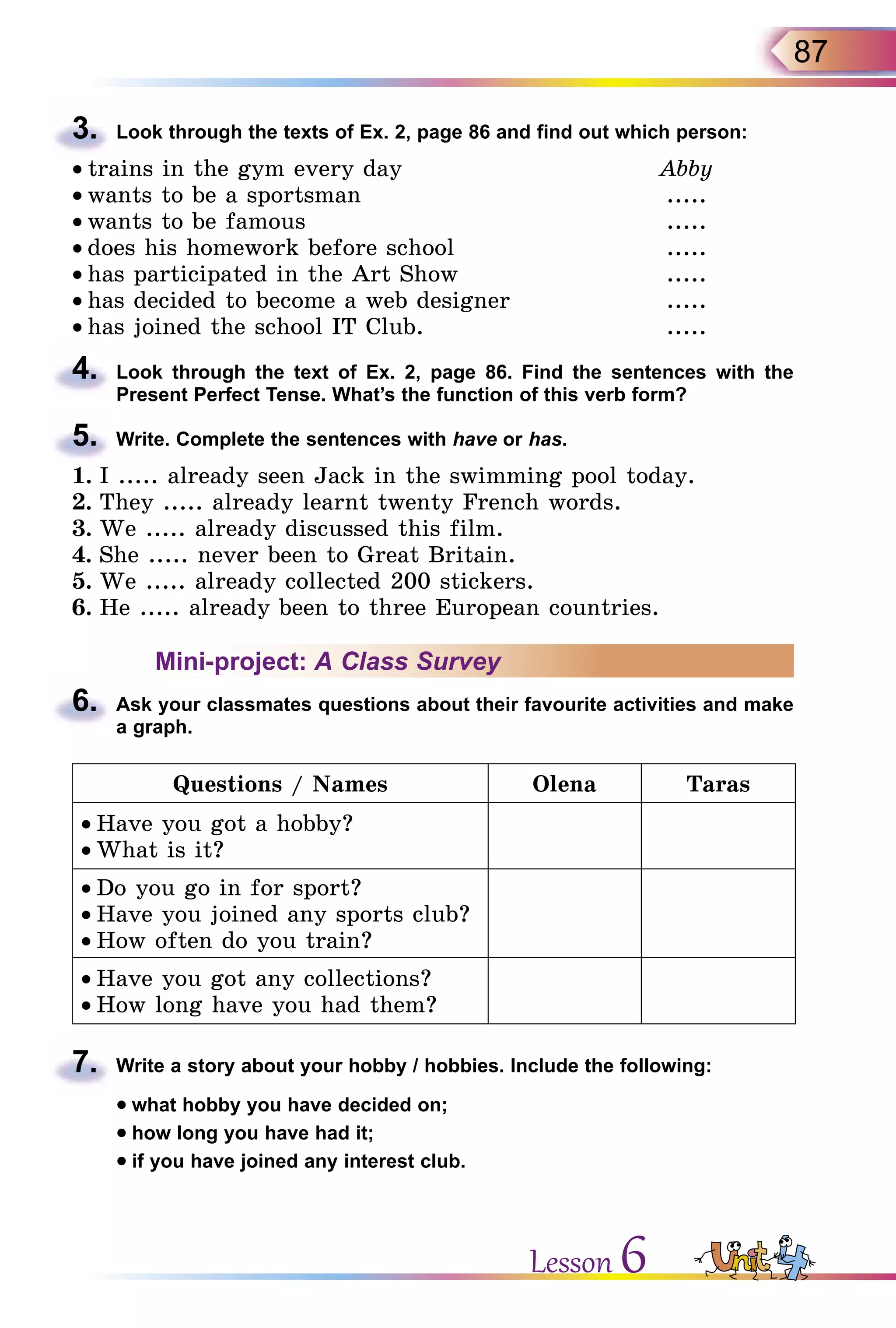 87
3.	 Look through the texts of Ex. 2, page 86 and find out which person:
• trains in the gym every day	 Abby
• wants to be a sportsman	 .....
• wants to be famous	 .....
• does his homework before school	 .....
• has participated in the Art Show	 .....
• has decided to become a web designer	 .....
• has joined the school IT Club.	 .....
4.	 Look through the text of Ex. 2, page 86. Find the sentences with the
Present Perfect Tense. What’s the function of this verb form?
5.	 Write. Complete the sentences with have or has.
1.	I ..... already seen Jack in the swimming pool today.
2.	They ..... already learnt twenty French words.
3.	We ..... already discussed this film.
4.	She ..... never been to Great Britain.
5.	We ..... already collected 200 stickers.
6.	He ..... already been to three European countries.
Mini-project: A Class Survey
6.	 Ask your classmates questions about their favourite activities and make
a graph.
Questions / Names Olena Taras
• Have you got a hobby?
• What is it?
• Do you go in for sport?
• Have you joined any sports club?
• How often do you train?
• Have you got any collections?
• How long have you had them?
7.	 Write a story about your hobby / hobbies. Include the following:
	 • what hobby you have decided on;
	 • how long you have had it;
	 • if you have joined any interest club.
Lesson 6
 