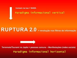 RUPTURA 2.0 > revolução nos filtros de informação
homem na lua > NASA
Terremoto/Tsunami no Japão > pessoas comuns – Manifestações (redes sociais)
Paradigma informacional vertical
Paradigma informacional horizontal
 