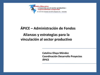 24 al 26 de noviembre del 2010, León, Guanajuato, México




           ÁPICE – Administración de Fondos
              Alianzas y estrategias para la
            vinculación al sector productivo


                                     Catalina Olaya Méndez
                                     Coordinación Desarrollo Proyectos
                                     ÁPICE
 