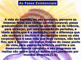 As Fases ExistenciaisAs Fases Existenciais
A vida do Espírito, no seu conjunto, percorre asA vida do Espírito, no seu conjunto, percorre as
mesmas fases que vemos na vida corporal; passamesmas fases que vemos na vida corporal; passa
gradualmente do estado de embrião ao da infância,gradualmente do estado de embrião ao da infância,
para alcançar, por uma sucessão de períodos, apara alcançar, por uma sucessão de períodos, a
idade adulta,que é a perfeição, com a diferença queidade adulta,que é a perfeição, com a diferença que
não conhece o declínio e decrepitude como na vidanão conhece o declínio e decrepitude como na vida
corporal; que é essa vida que teve começo, não terácorporal; que é essa vida que teve começo, não terá
fim; que é preciso um tempo imenso do nosso pontofim; que é preciso um tempo imenso do nosso ponto
de vista,para passar da infância espírita a umde vista,para passar da infância espírita a um
desenvolvimento completo,e seu progresso sedesenvolvimento completo,e seu progresso se
realiza não sobre uma só esfera mas,passando porrealiza não sobre uma só esfera mas,passando por
mundos diversos.(L.E)mundos diversos.(L.E)
 
