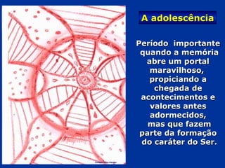 Período importantePeríodo importante
quando a memóriaquando a memória
abre um portalabre um portal
maravilhoso,maravilhoso,
propiciando apropiciando a
chegada dechegada de
acontecimentos eacontecimentos e
valores antesvalores antes
adormecidos,adormecidos,
mas que fazemmas que fazem
parte da formaçãoparte da formação
do caráter do Ser.do caráter do Ser.
A adolescênciaA adolescência
Colégio Allan Kardec
 