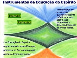 Instrumentos de Educação do EspíritoInstrumentos de Educação do Espírito
•Esse desejo sóEsse desejo só
aconteceráacontecerá
quando o espíritoquando o espírito
refletir em seusrefletir em seus
atos e issoatos e isso
promoverá opromoverá o
desencadeamentodesencadeamento
de novas idéias.de novas idéias.
Palavra
Reflexão
• A Educação do EspíritoA Educação do Espírito
requer método específico querequer método específico que
promova no Ser estímulo quepromova no Ser estímulo que
garanta desejo de mudar.garanta desejo de mudar.
 