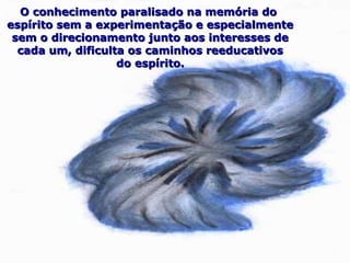 O conhecimento paralisado na memória doO conhecimento paralisado na memória do
espírito sem a experimentação e especialmenteespírito sem a experimentação e especialmente
sem o direcionamento junto aos interesses desem o direcionamento junto aos interesses de
cada um, dificulta os caminhos reeducativoscada um, dificulta os caminhos reeducativos
do espírito.do espírito.
 