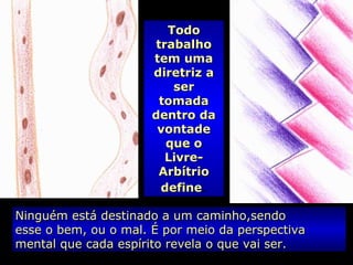 TodoTodo
trabalhotrabalho
tem umatem uma
diretriz adiretriz a
serser
tomadatomada
dentro dadentro da
vontadevontade
que oque o
Livre-Livre-
ArbítrioArbítrio
definedefine.
Ninguém está destinado a um caminho,sendoNinguém está destinado a um caminho,sendo
esse o bem, ou o mal. É por meio da perspectivaesse o bem, ou o mal. É por meio da perspectiva
mental que cada espírito revela o que vai ser.mental que cada espírito revela o que vai ser.
 