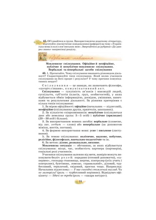 24
45. Об’єднайтеся в групи. Використовуючи додаткову літературу,
підготуйте лінгвістичне повідомлення (реферат) на тему «Україн
ська мова в колі слов’янських мов». Звертайтеся до рубрики «До дже
рел знань» наприкінці розділу.
Мовленнєве спілкування. Офіційне й неофіційне,
публічне й непублічне мовленнєве спілкування.
Вербальні та невербальні засоби спілкування
46. І. Прочитайте. Чому спілкування вважають різновидом діяль
ності? Схарактеризуйте типи спілкування. Який вплив учасників
спілкування на його процес і результат? У чому причини комуніка
тивних невдач?
С п і л к у в а н н я — це завжди, як зазначають філософи,
«зустріч з іншим», к о м у н і к а т и в н и й а к т.
Спілкування — сукупність зв’язків і взаємодій людей,
суспільств, суб’єктів (класів, груп, особистостей), у яких
відбувається обмін інформацією, досвідом, уміннями, навич
ками та результатами діяльності. За різними критеріями є
кілька типів спілкування:
1. За мірою офіційності: офіційне (начальник — підлеглий),
неофіційне (спілкування друзів, приятелів, закоханих).
2. За кількістю співрозмовників: непублічне (спілкуються
двоє або невелика група: 3—5 осіб) і публічне (прилюдне)
(20—30 осіб і більше).
3. За використанням мовних засобів: вербальне (словесне,
від лат. verbum — слово) або невербальне (за допомогою
міміки, жестів, постави).
4. За формою використання мови: усне і письмове (листу
вання).
5. За темою спілкування: політичне, наукове, побутове,
релігійне, філософське, навчально педагогічне та ін.
6. За метою: ділове, розважальне, виховне.
Мовленнєва ситуація — обставини, за яких відбувається
спілкування: місце, час, особистість партнера (партнерів),
соціальні ролі учасників.
Учасники спілкування залежно від мети, намірів можуть ви
конувати безліч р о л е й: порадник (готовий допомогти), «су
пермен», господар становища, жертва, контролер (усіх учить і
контролює), бунтівник, ловелас, «правильний», діловий, тур
ботливий, терплячий, свідомий, простак тощо. Наприклад:
Начальник підлеглому: — У вас сьогодні стомлений вигляд. Чи
не захворіли? (роль — турботливий керівник). Відвідувач офі
ціанту: — Здачі не треба (роль — «щедра натура»).
 
